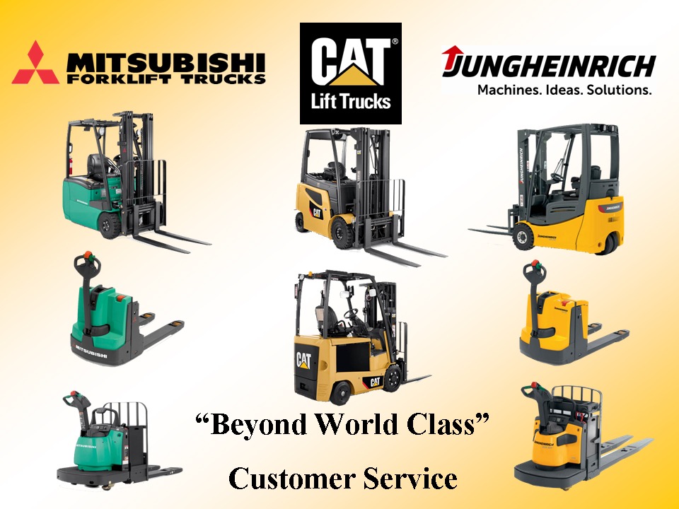 Different Mitsubishi, Jungheinrich, and CAT forklifts from Miami Industrial Trucks Inc
