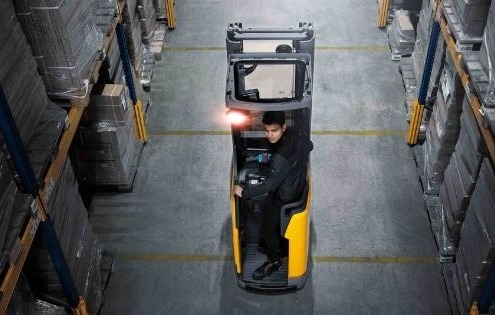 The Forklift in warehouse with safety light at Dayton, OH