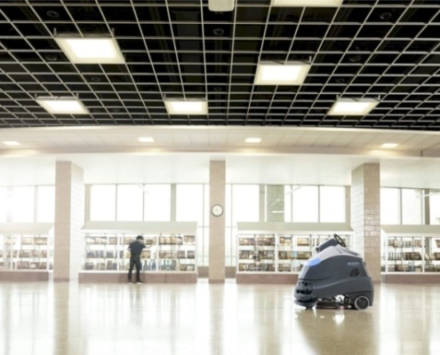 A South Pacific industrial floor cleaner inside a building