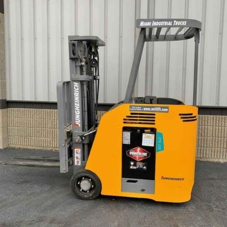 A Jungheinrich forklift featuring a prominent orange and black logo is showcased at Miami Industrial Trucks in Dayton, OH.