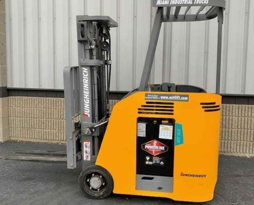 A Jungheinrich forklift featuring a prominent orange and black logo is showcased at Miami Industrial Trucks in Dayton, OH.